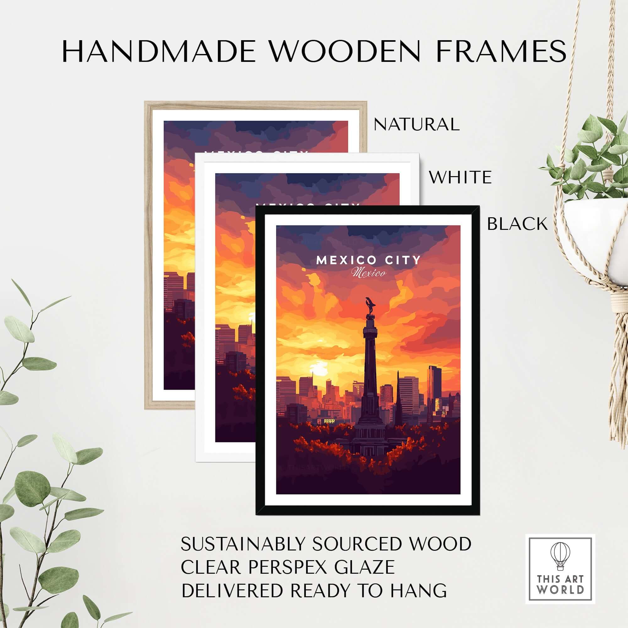 Mexico City Travel Print - El Ángel framed in handmade wooden frames of natural, white, and black colors.