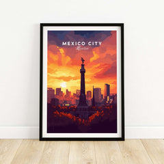 Mexico City Travel Print - El Ángel artwork featuring the iconic monument at sunset with vibrant colors.