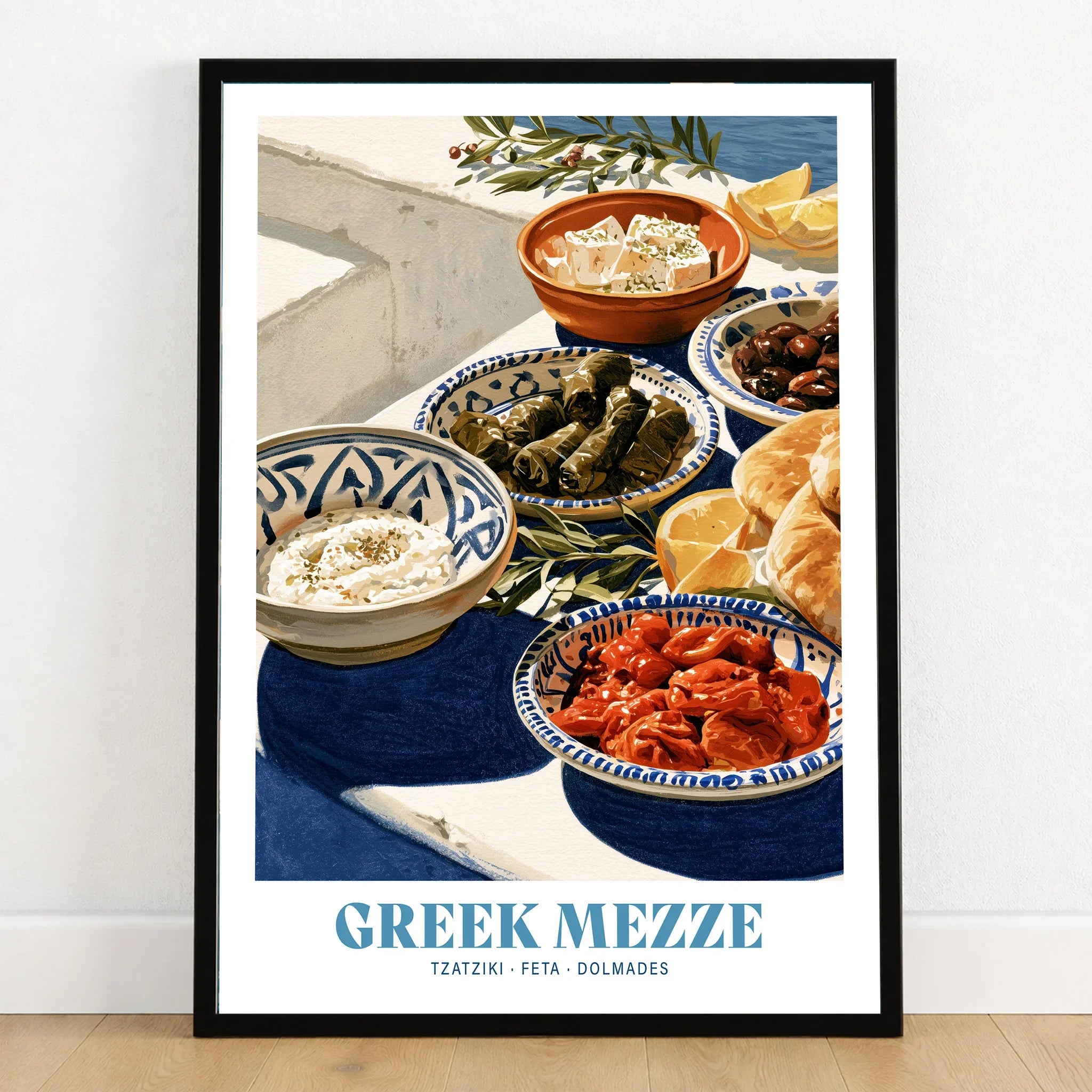 Greek Mezze Kitchen Wall Art - art print in black frame on wooden floor