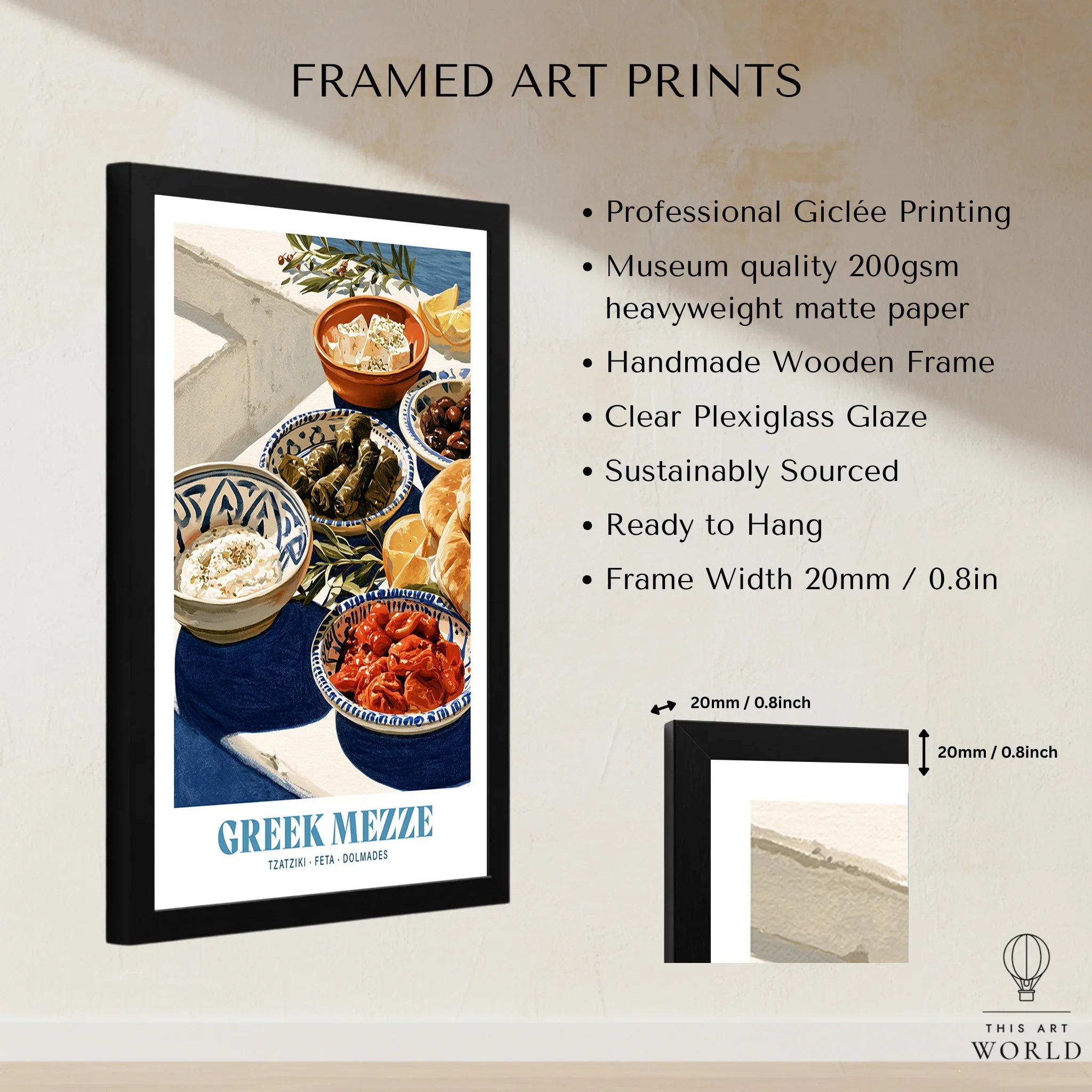 Greek Mezze Kitchen Wall Art - framed print details measurements quality details