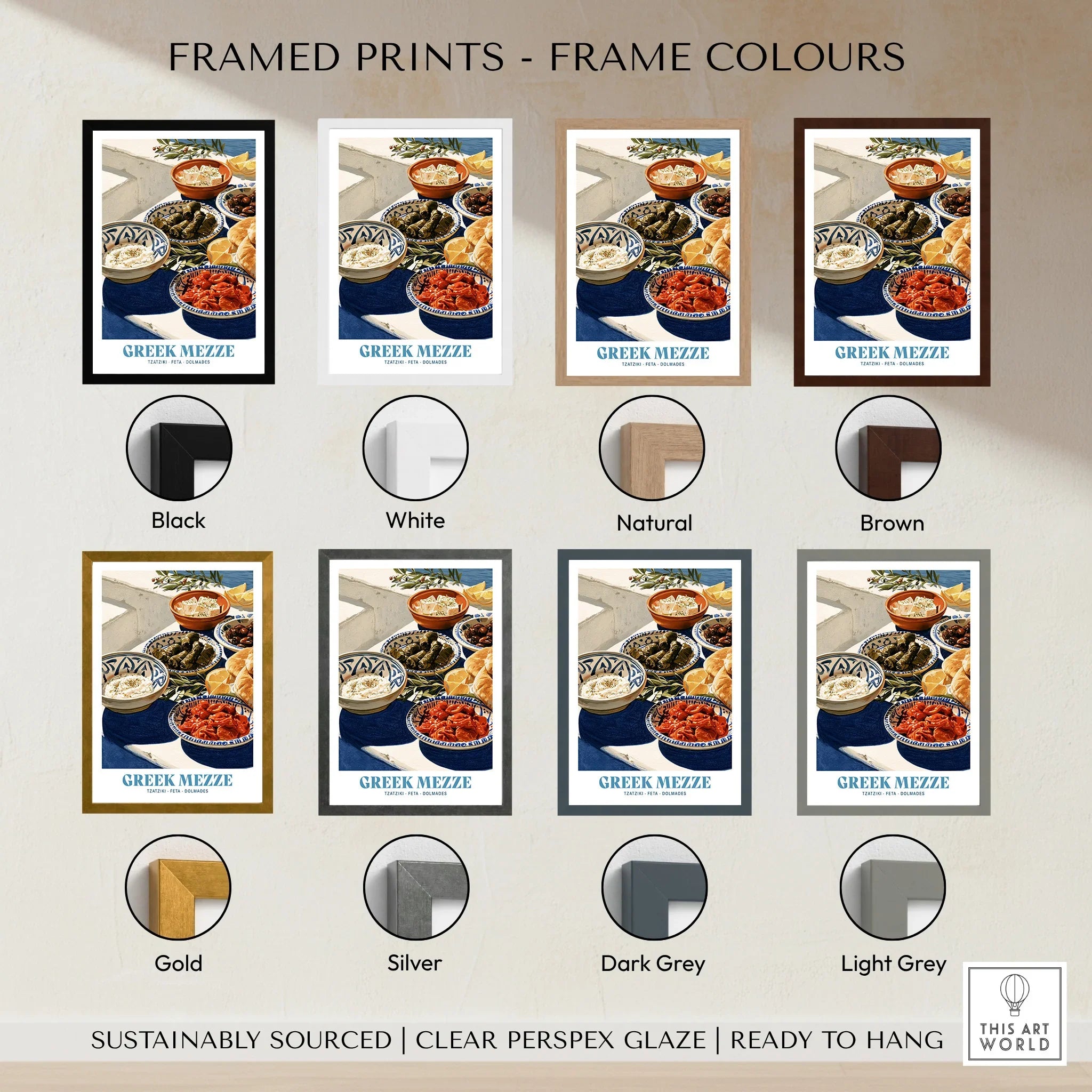 Greek Mezze Kitchen Wall Art - framed print colour options