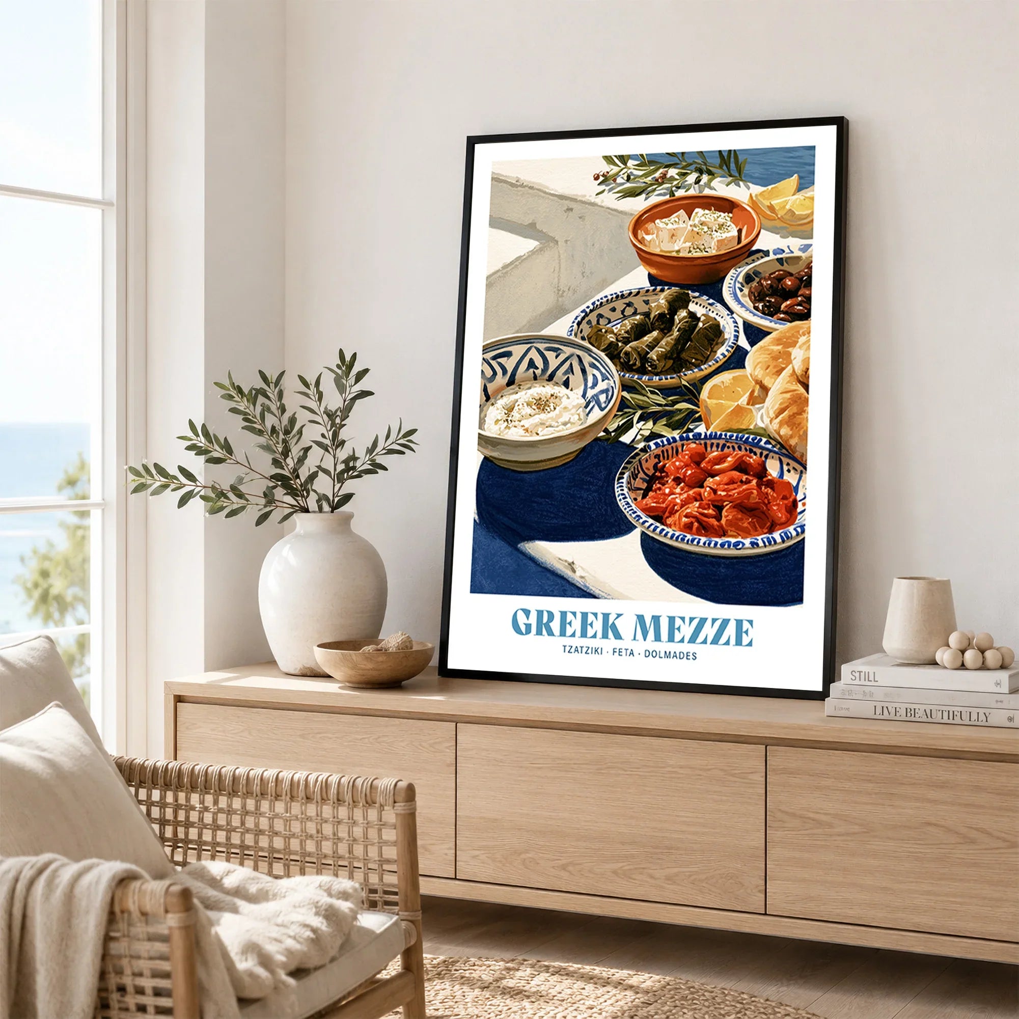 Greek Mezze Kitchen Wall Art - framed artwork living room lifestyle setting