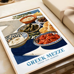 Greek Mezze Kitchen Wall Art - framed art print closeup gift unwrapped natural frame