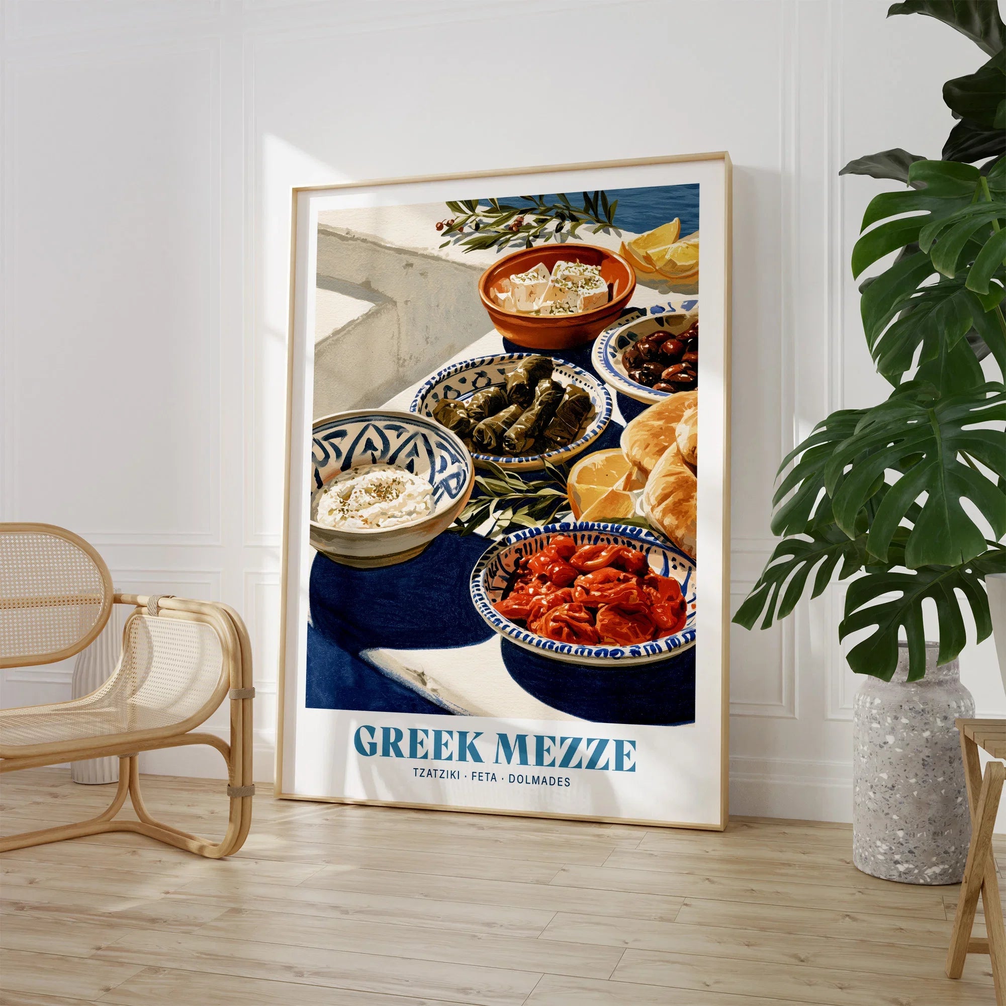 Greek Mezze Kitchen Wall Art - large framed print room setting chair plant