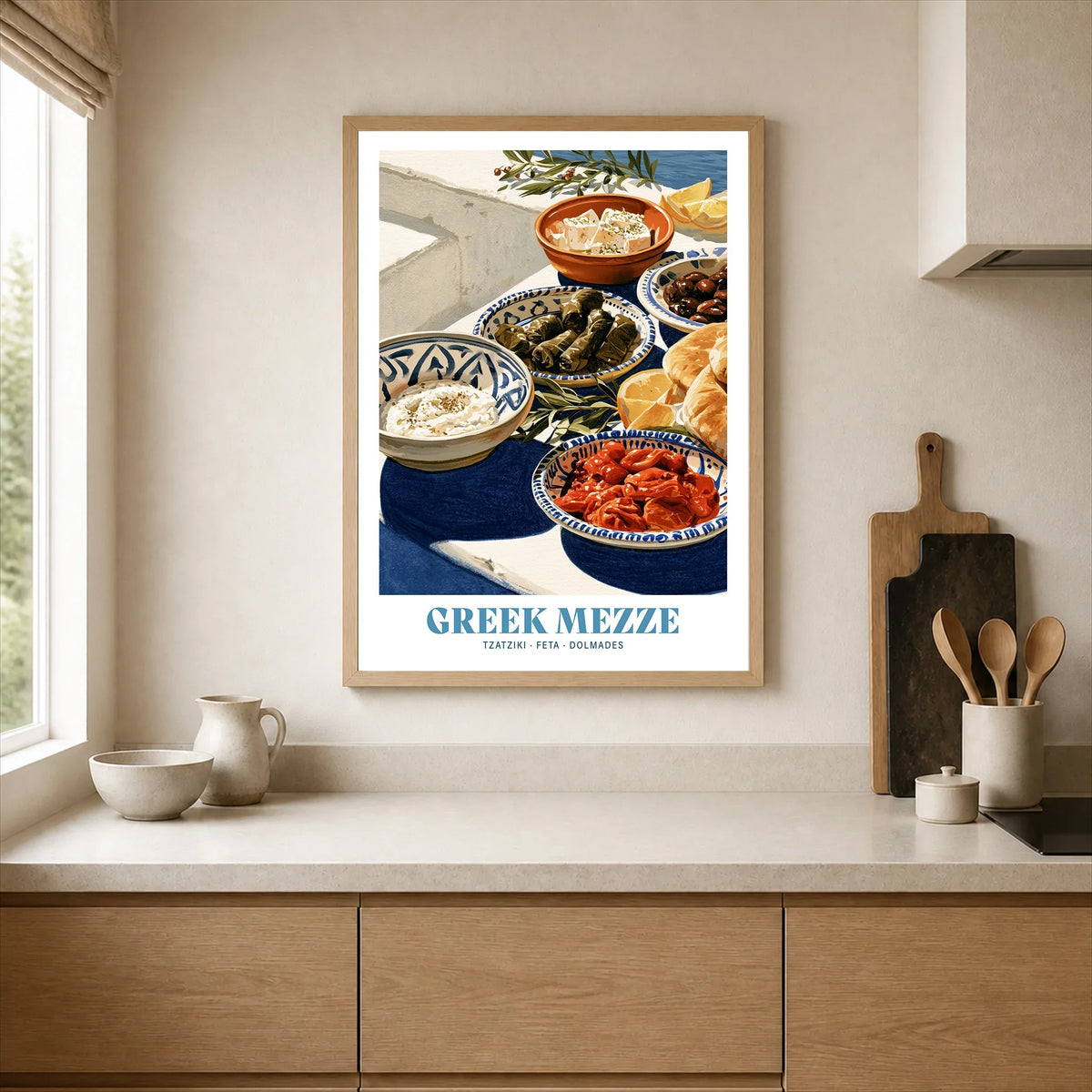 Greek Mezze Kitchen Wall Art - neutral kitchen single frame mockup This Art World