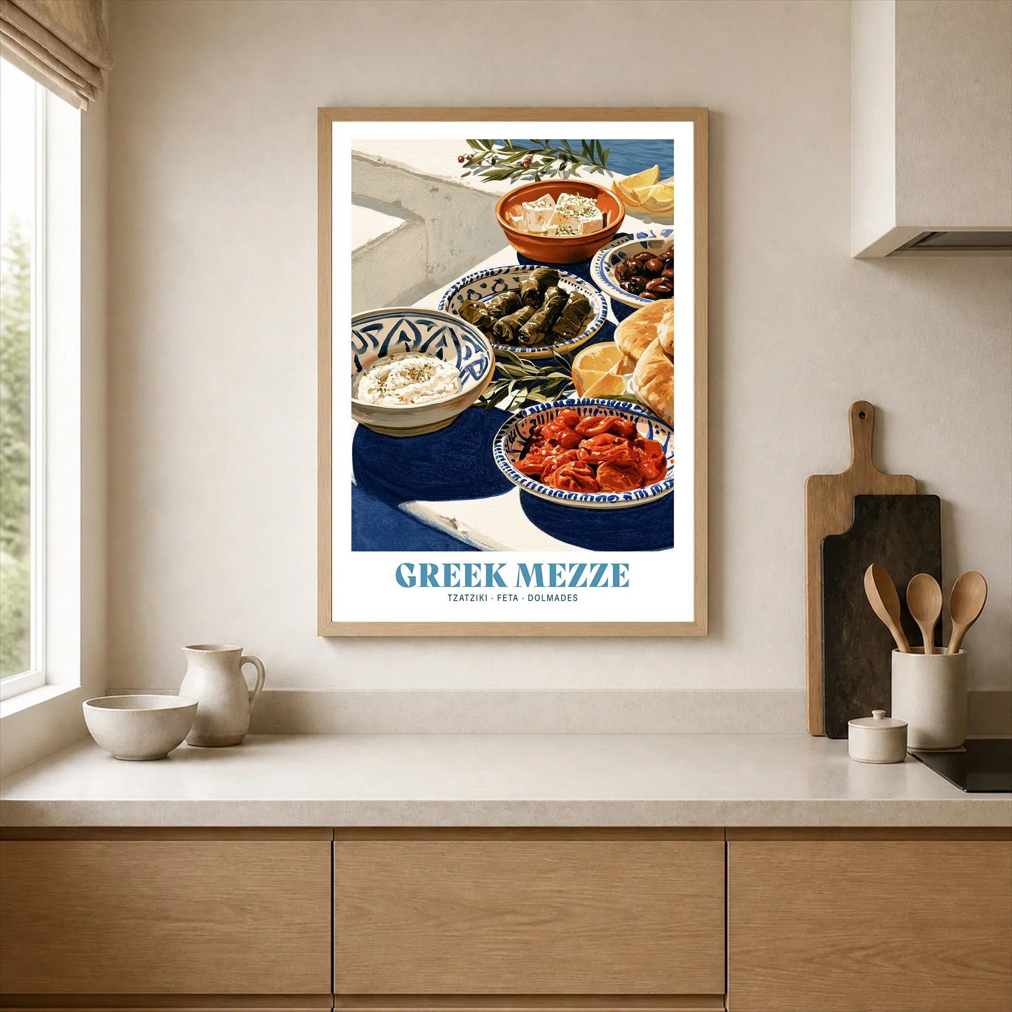 Greek Mezze Kitchen Wall Art - neutral kitchen single frame mockup This Art World