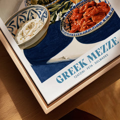 Greek Mezze Kitchen Wall Art - closeup framed canvas natural wood floating frame