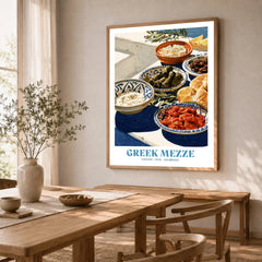 Greek Mezze Kitchen Wall Art - dining room framed print natural wood frame mockup ThisArtWorld