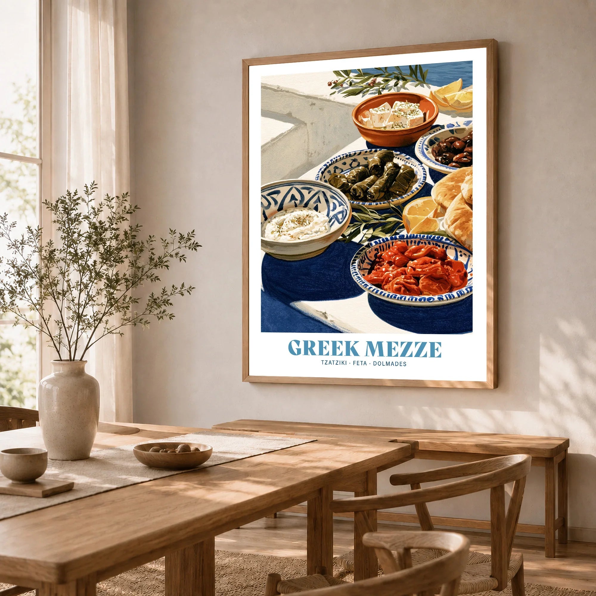 Greek Mezze Kitchen Wall Art - dining room framed print natural wood frame mockup ThisArtWorld