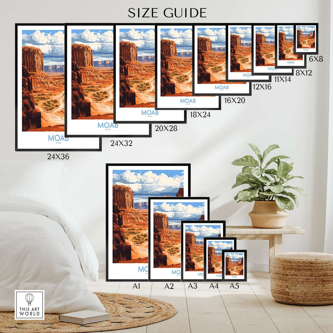 Moab Travel Poster size guide showcasing various frame sizes and vivid landscape imagery in a home setting.