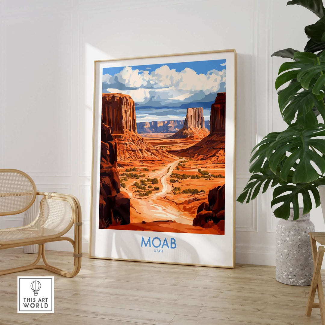 Moab travel poster showcasing stunning Utah landscape, vibrant colors, and adventurous theme in stylish room setting.