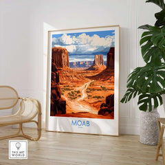 Moab Travel Poster featuring stunning Utah landscape in a stylish frame, perfect for home decor and travel enthusiasts.