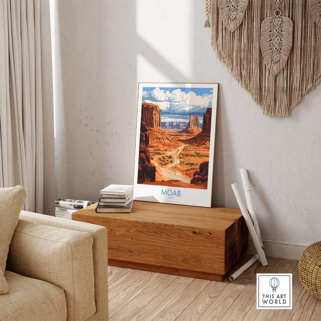 Moab travel poster displayed in a cozy living room, showcasing Utah's stunning landscapes and vibrant colors.