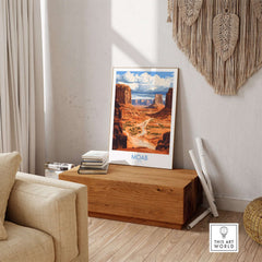 Moab Travel Poster showcasing a stunning desert landscape in a stylish living room setting.