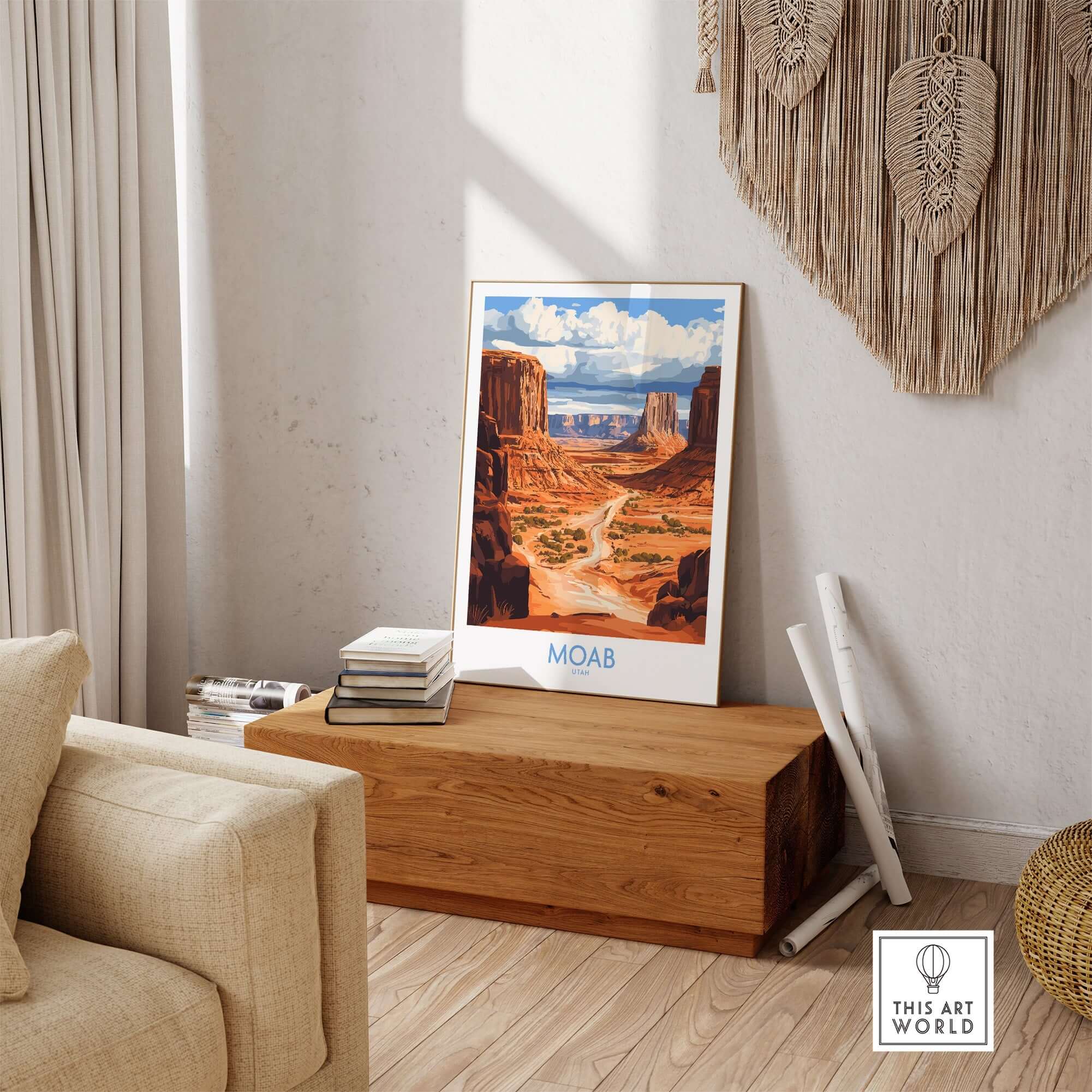 Moab Travel Poster showcasing a stunning desert landscape in a stylish living room setting.