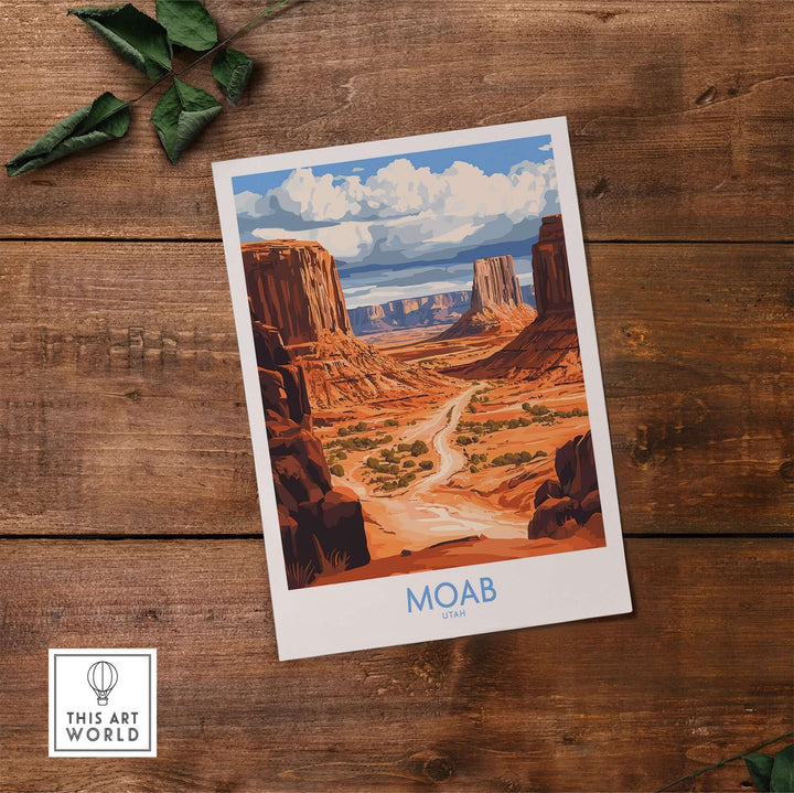 Moab travel poster showcasing stunning Utah landscapes with red rock formations and vibrant blue skies.