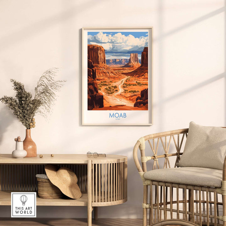 Moab travel poster showcasing vibrant red rock formations and scenic landscapes, perfect for home decor and adventure lovers.