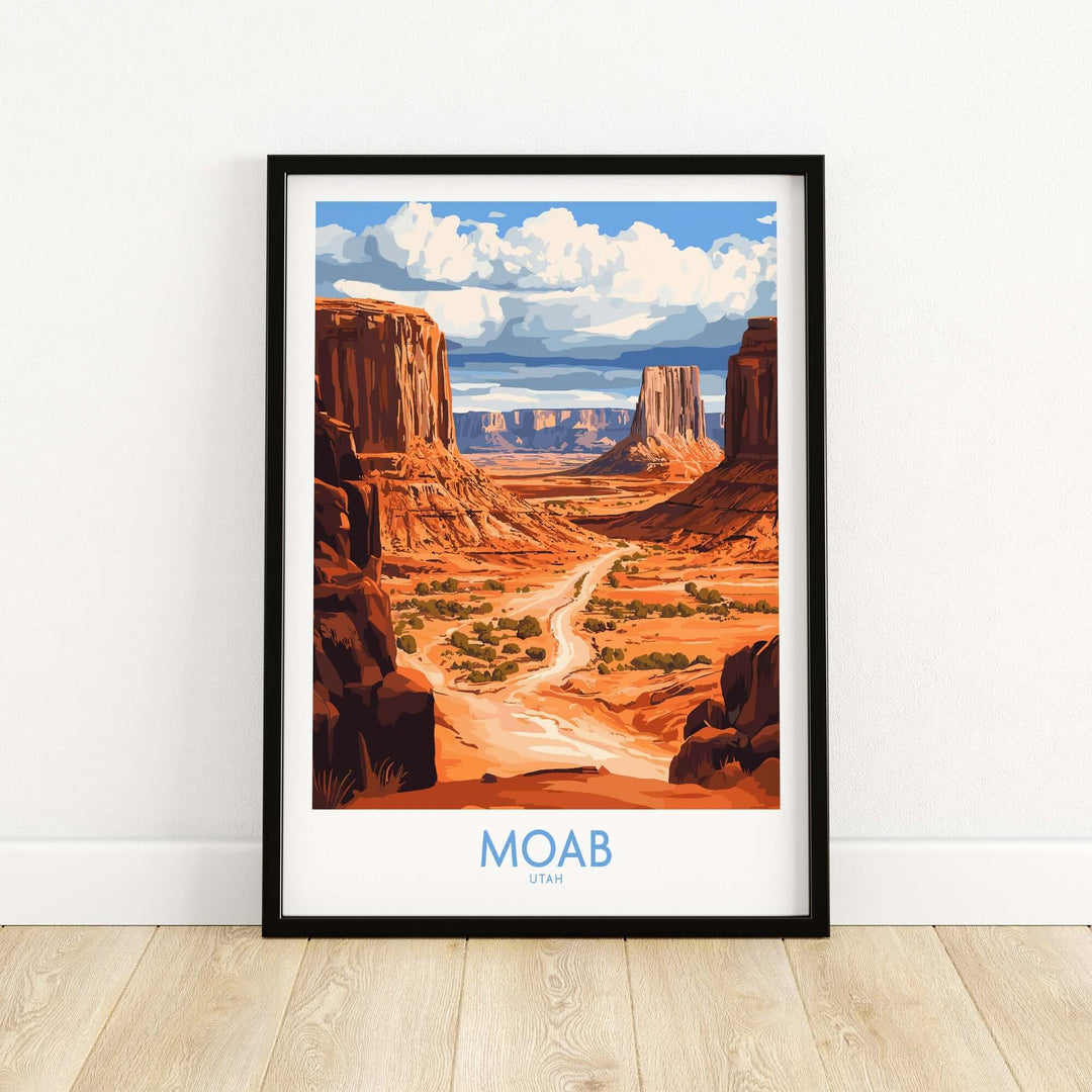 Moab Travel Poster featuring stunning Utah landscapes with red rock formations and a winding trail, perfect for home decor.