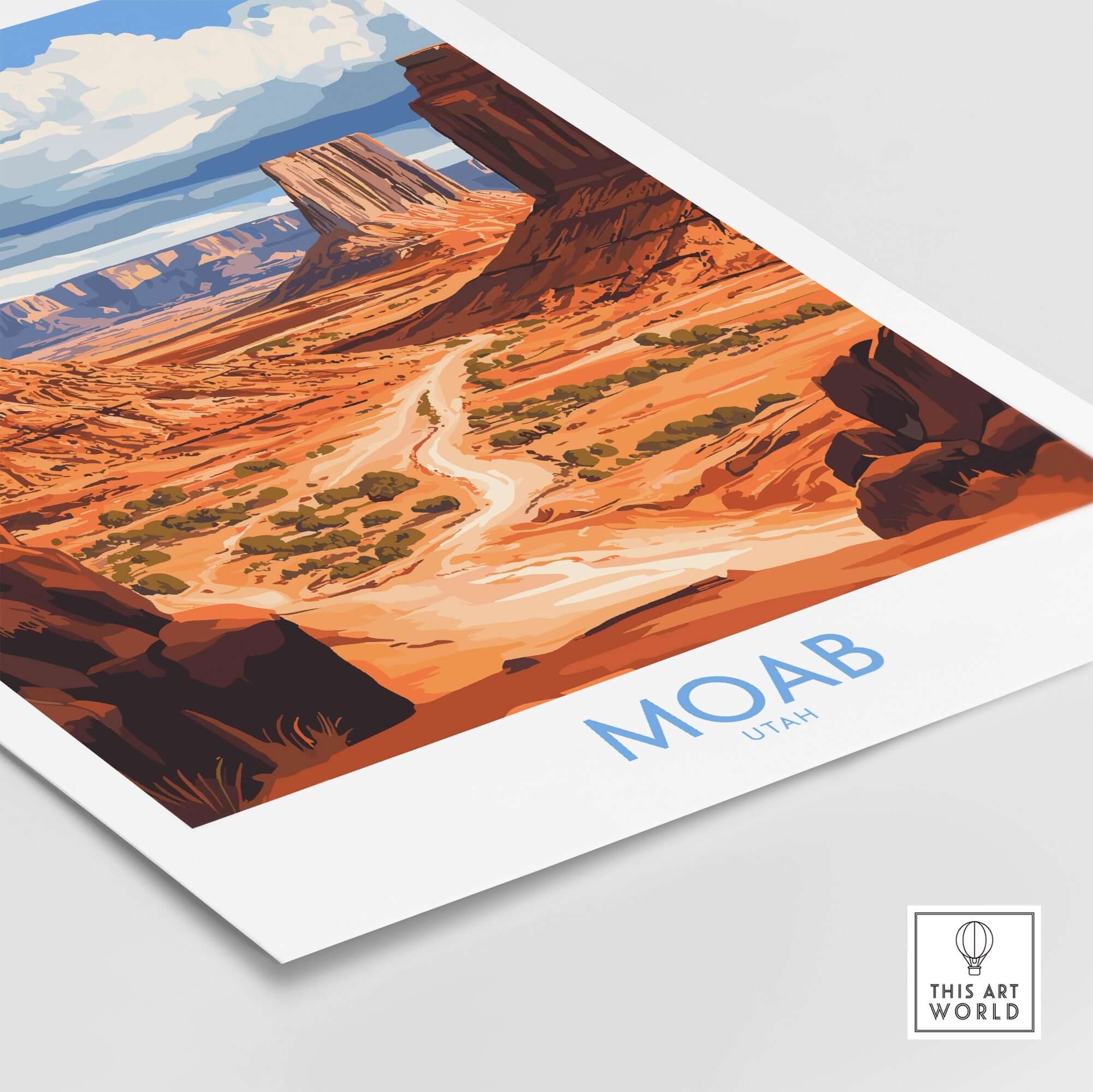 Moab Travel Poster featuring vibrant landscape of Moab, Utah, showcasing stunning red rock formations and skies.