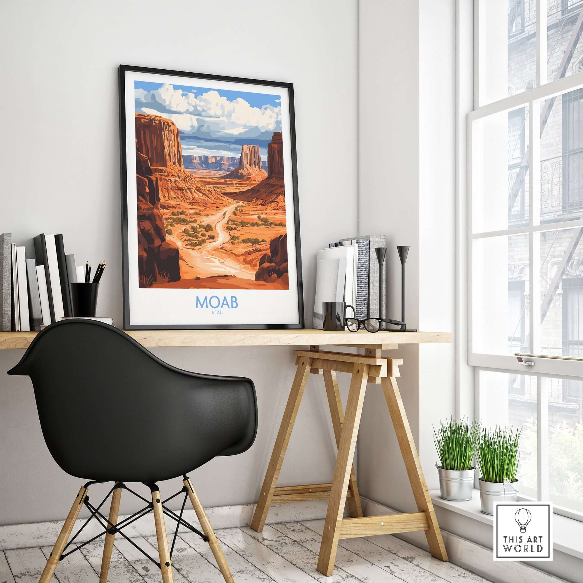 Moab Travel Poster displayed in a stylish home office, showcasing the stunning landscape of Moab, Utah.