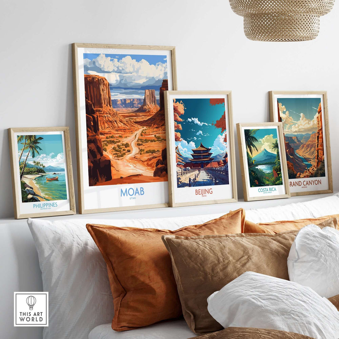 Moab travel poster framed among other travel posters, showcasing beautiful landscapes and adventure themes.