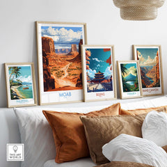 Moab Travel Poster framed among other travel posters, showcasing stunning landscapes and vibrant colors.