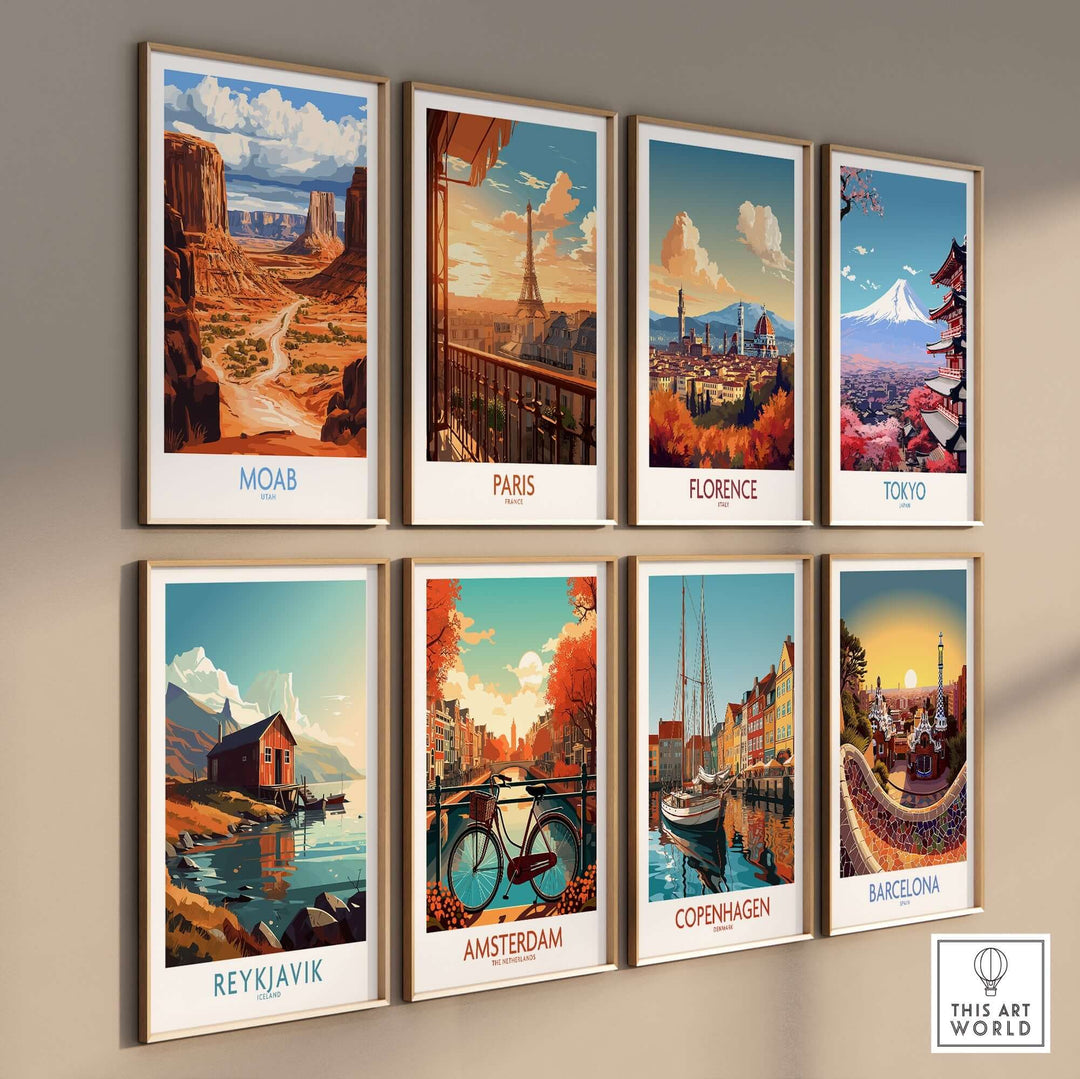 Colorful travel posters of Moab, Paris, Florence, Tokyo, Reykjavik, Amsterdam, Copenhagen, and Barcelona on a wall.