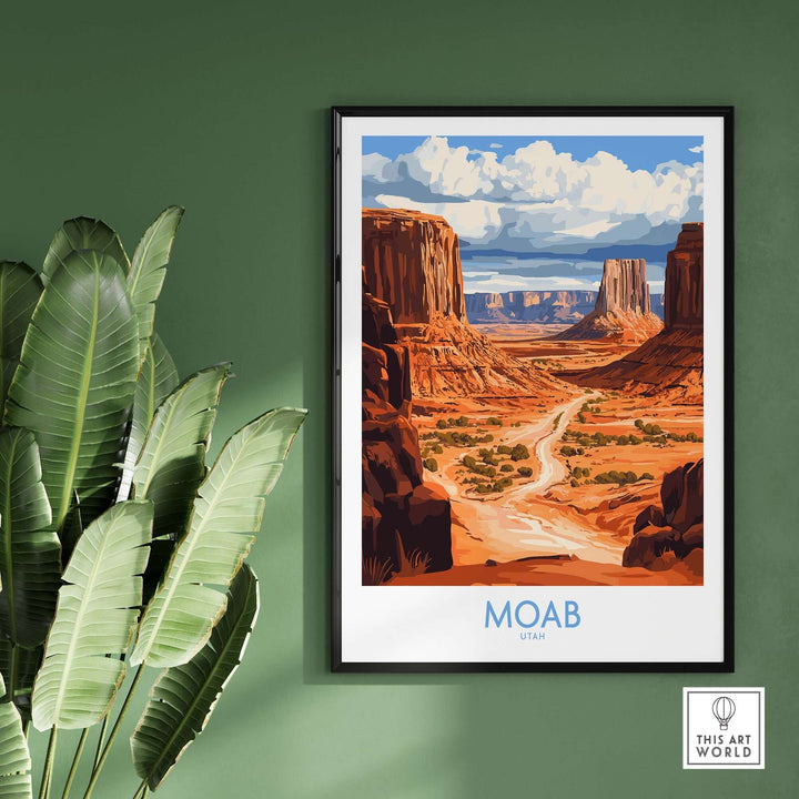 Moab travel poster featuring stunning landscape of Utah's red rock formations in a stylish frame on a green wall.