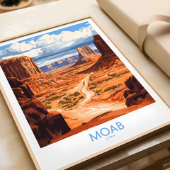 Moab Travel Poster featuring a stunning landscape of Utah's red rock formations and blue skies.