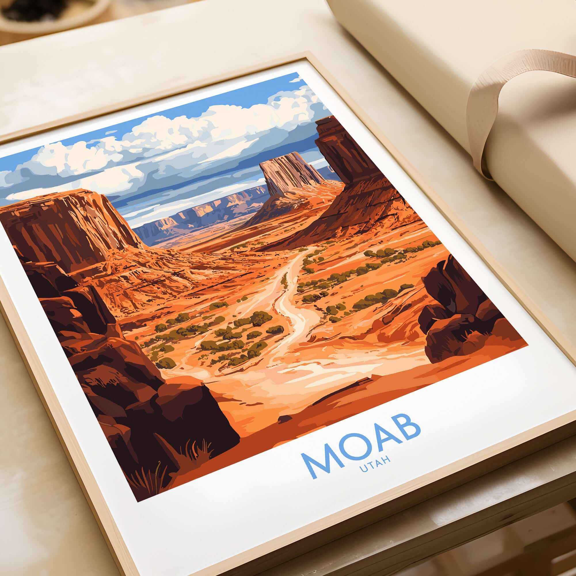 Moab Travel Poster featuring a stunning landscape of Utah's red rock formations and blue skies.