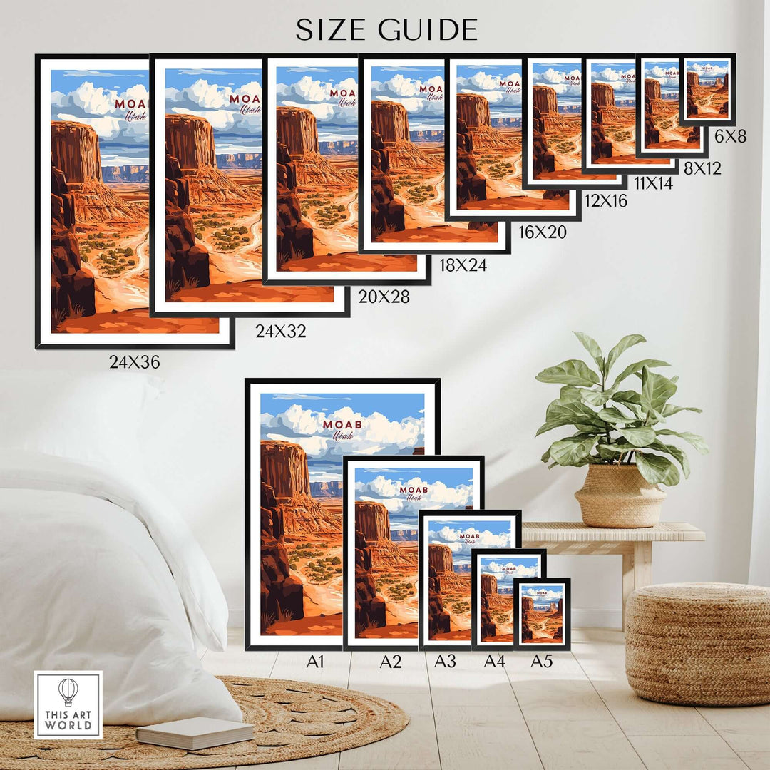 Moab Travel Print size guide showing various print dimensions in a stylish home setting with plants and decor.