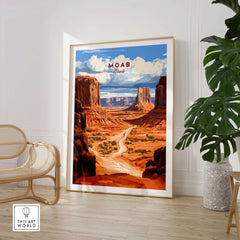Moab Travel Print showcasing Utah's stunning landscapes framed in a stylish room with a modern aesthetic.