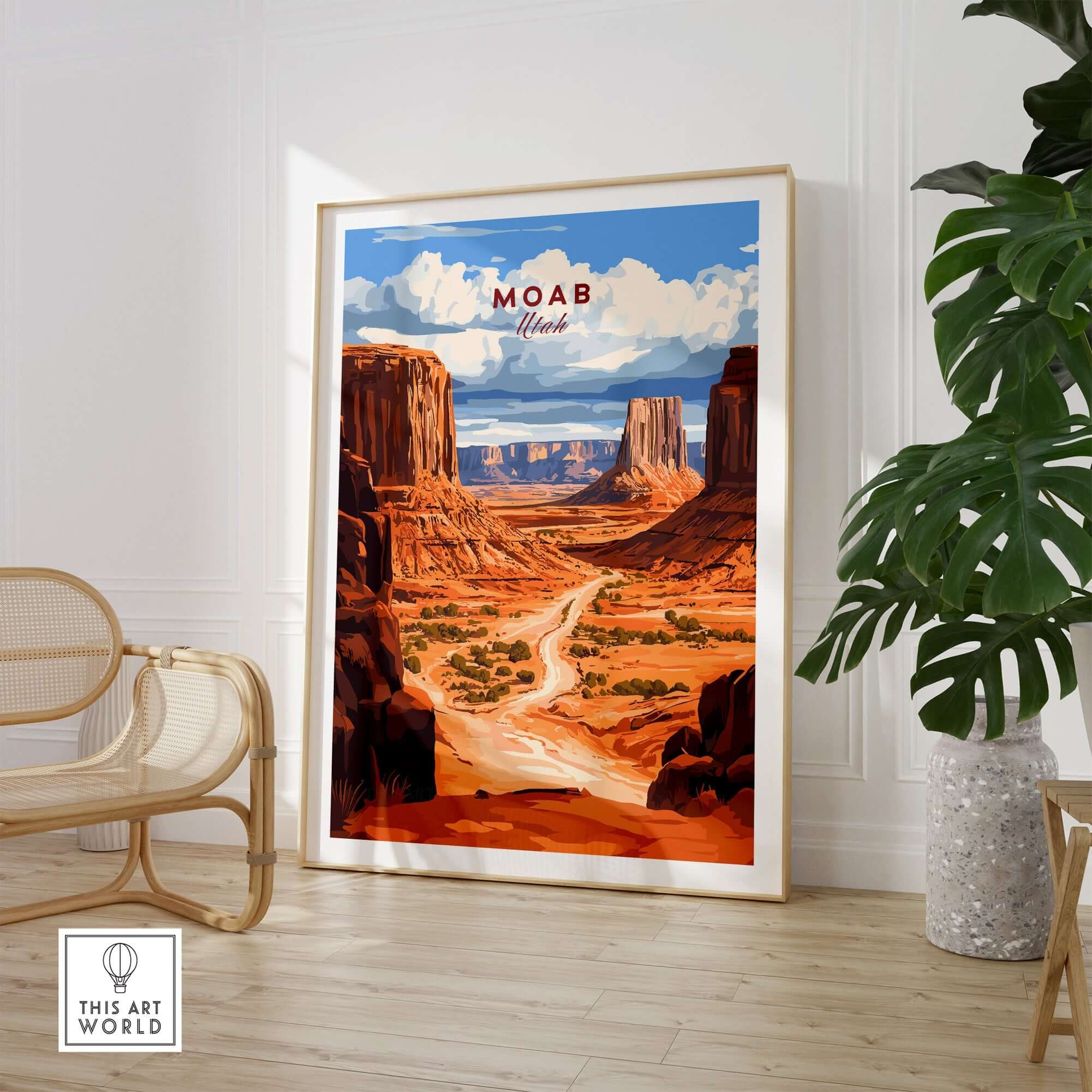 Moab Travel Print showcasing Utah's stunning landscapes framed in a stylish room with a modern aesthetic.
