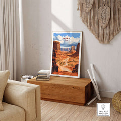 Moab Travel Print displayed in a stylish living room, featuring Utah's stunning landscape.