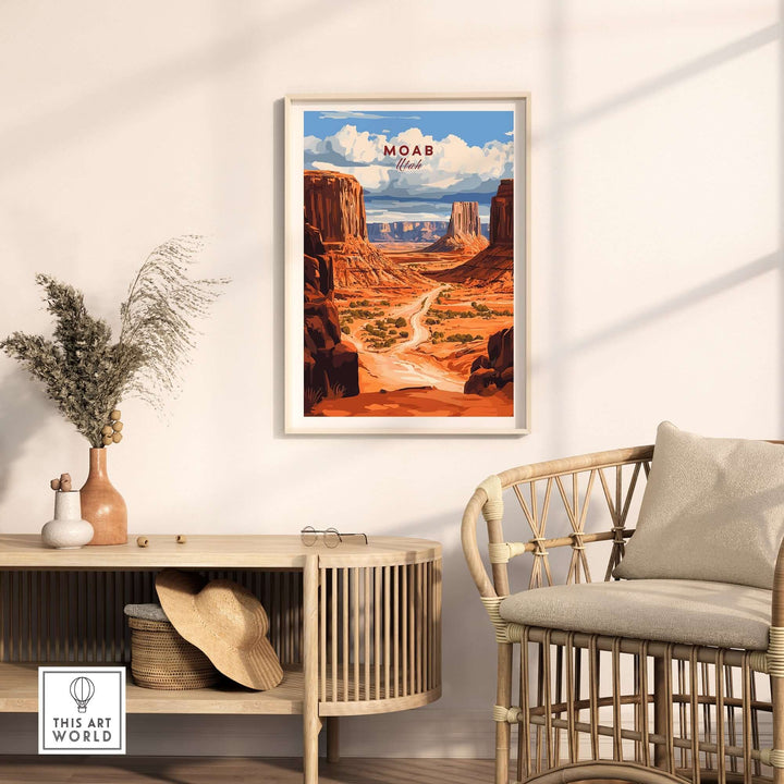 Moab Travel Print showcasing Utah's stunning landscape in a modern, stylish interior setting. Perfect for travel enthusiasts.