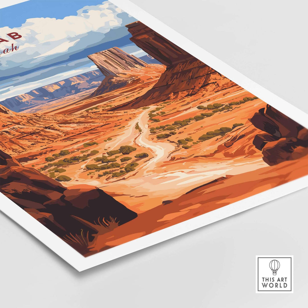 Moab Travel Print showcasing Utah's stunning landscapes with red rock formations and a winding river in a vibrant illustration.