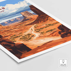 Moab Travel Print showcasing Utah's stunning landscapes with vibrant colors and adventurous design.