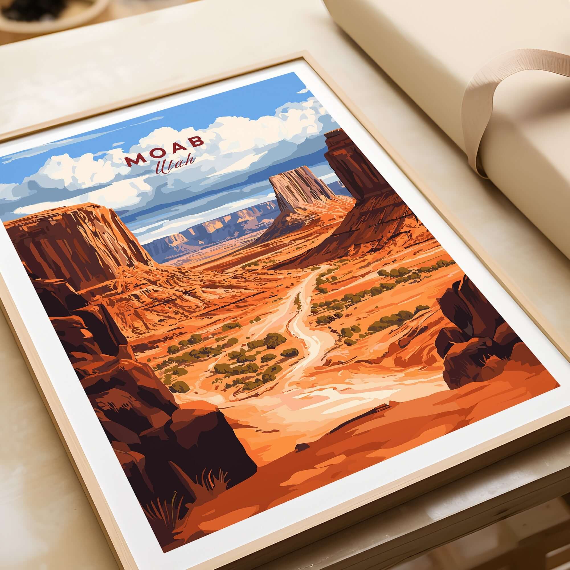 Moab Travel Print showcasing the breathtaking landscape of Moab, Utah with vibrant colors and stunning scenery.