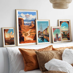 Moab Travel Print showcased among other travel prints in a stylish home decor setting.