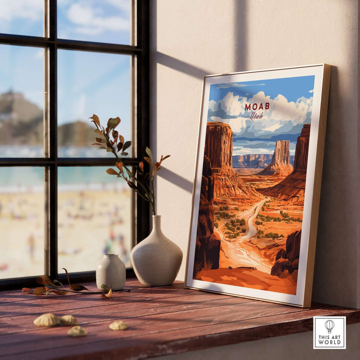 Moab travel print showcasing Utah's stunning landscapes framed by a window with beach view, adding wanderlust to any decor.