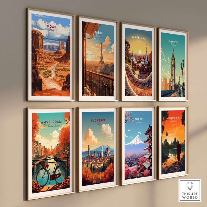 Collection of travel prints featuring Moab, Paris, Barcelona, London, Amsterdam, Florence, Tokyo, and Angkor Wat.