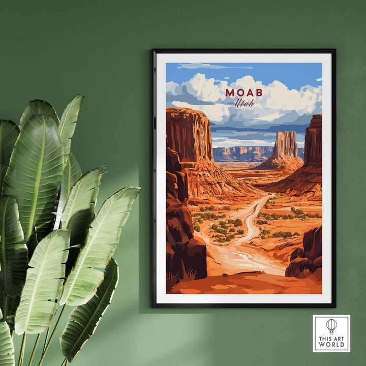 Moab Travel Print featuring dramatic red rock formations and blue skies, ideal for travel enthusiasts and adventure decor.