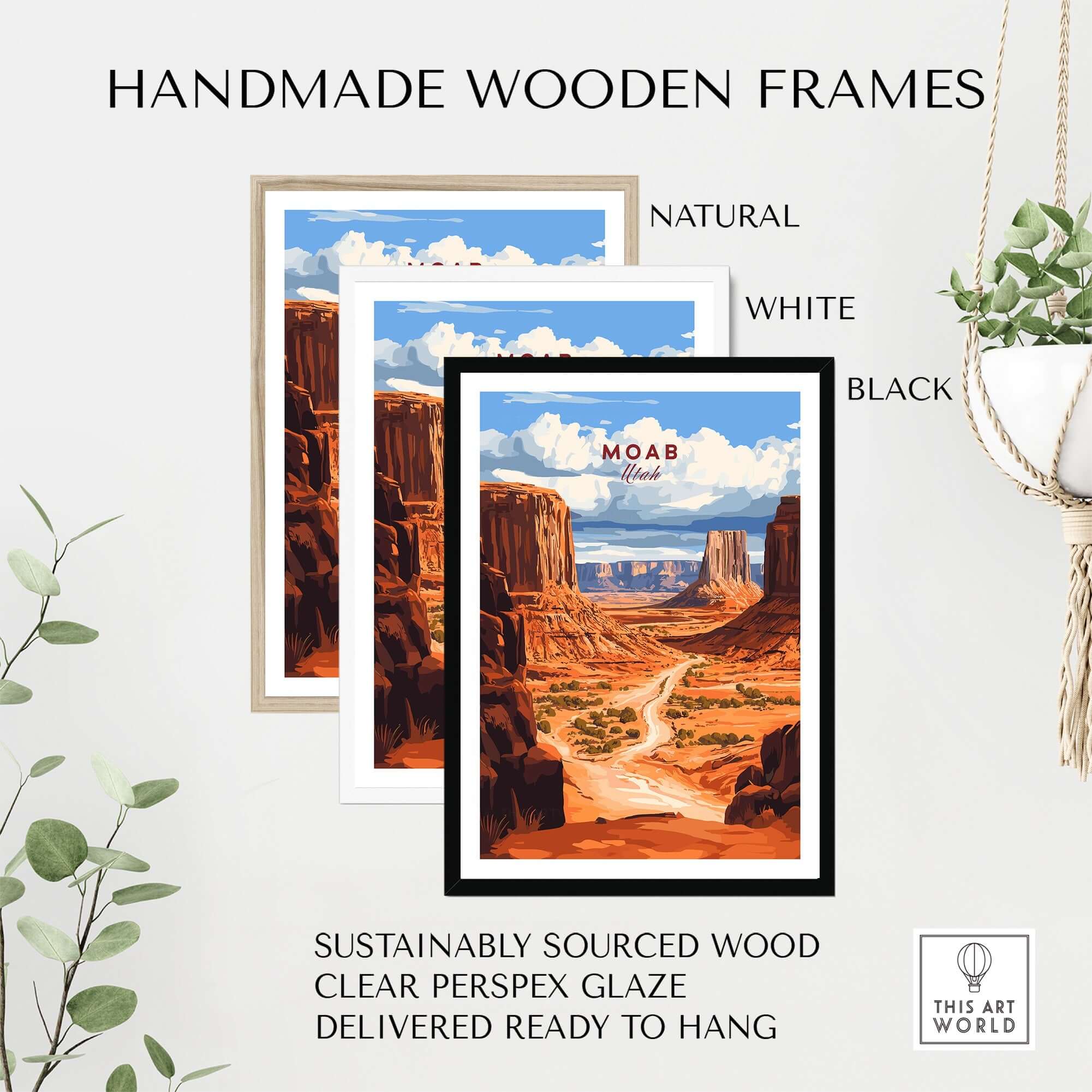 Moab Travel Print displayed in natural, white, and black handmade wooden frames.