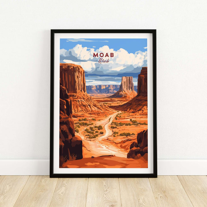 Moab Travel Print featuring Utah's stunning landscape with red rock formations and scenic views, perfect for wanderlust inspiration.