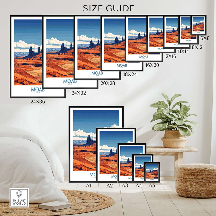 Moab Utah poster size guide showcasing various frame sizes in a cozy living space with a plant.