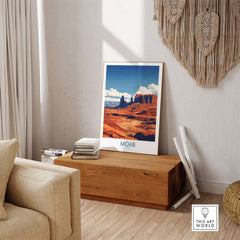 Moab Utah Poster displayed in a modern living room, showcasing stunning landscapes and vibrant colors.