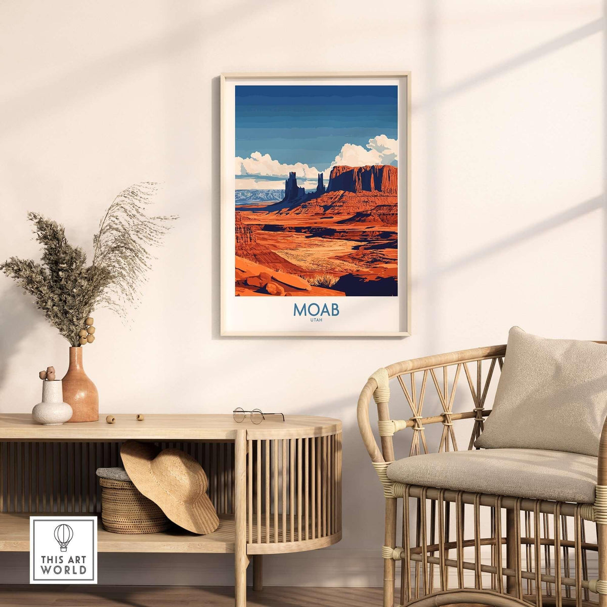 Moab Utah Poster showcasing stunning landscapes in a minimalist living room setting.