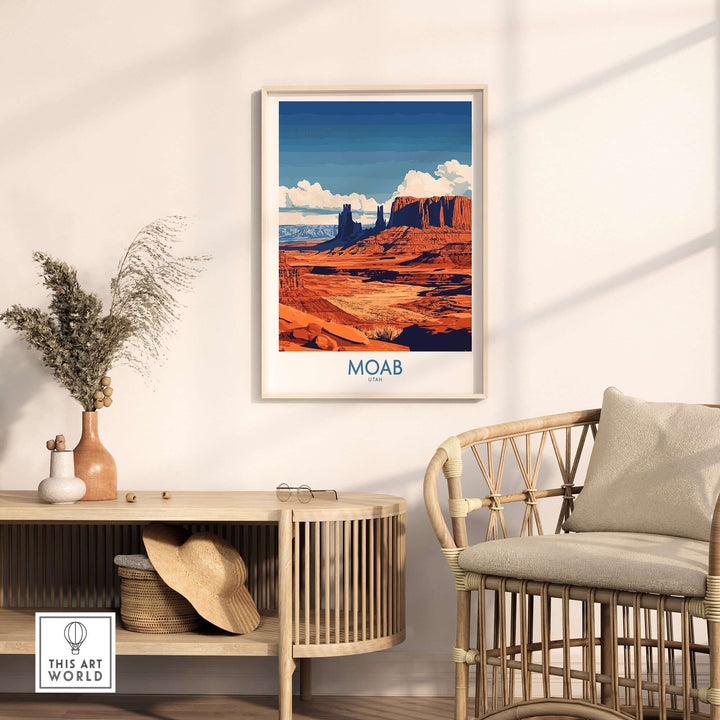 Moab Utah poster showcasing vibrant landscapes in modern interior decor setting with stylish furniture and plants.