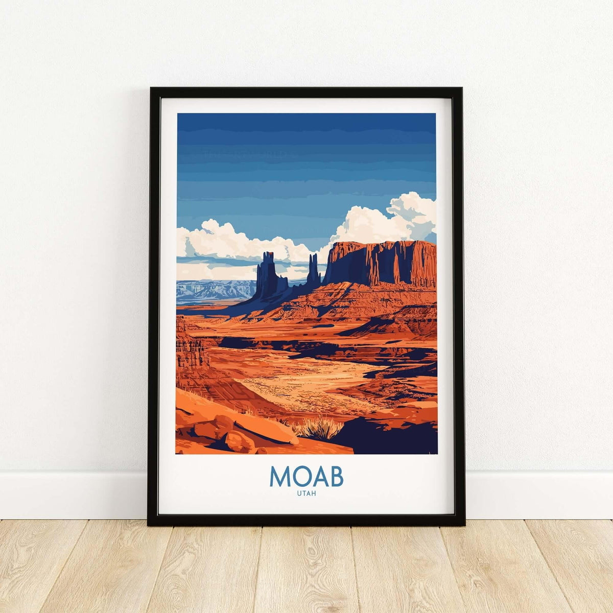 Moab Utah Poster showcasing vibrant landscapes and iconic red rock formations of Moab, Utah in stunning colors.