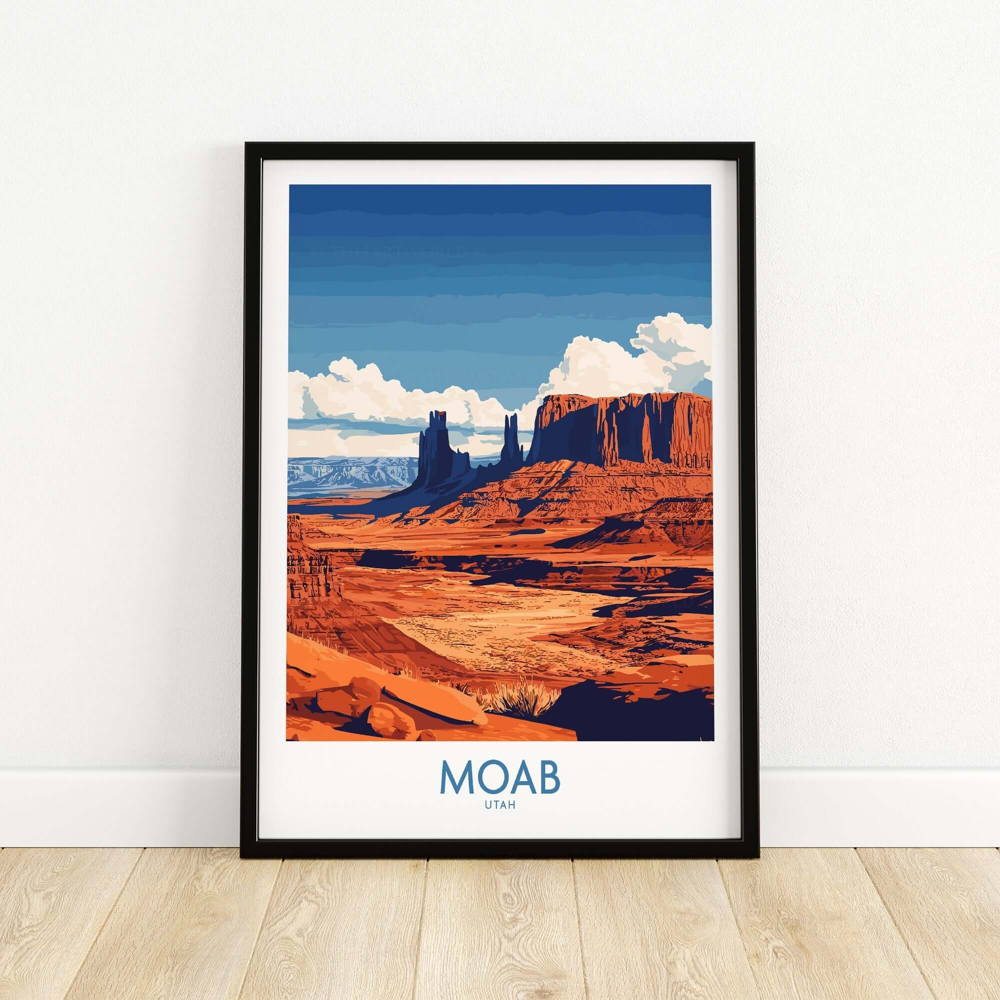 Moab Utah Poster showcasing vibrant landscapes and iconic red rock formations of Moab, Utah in stunning colors.